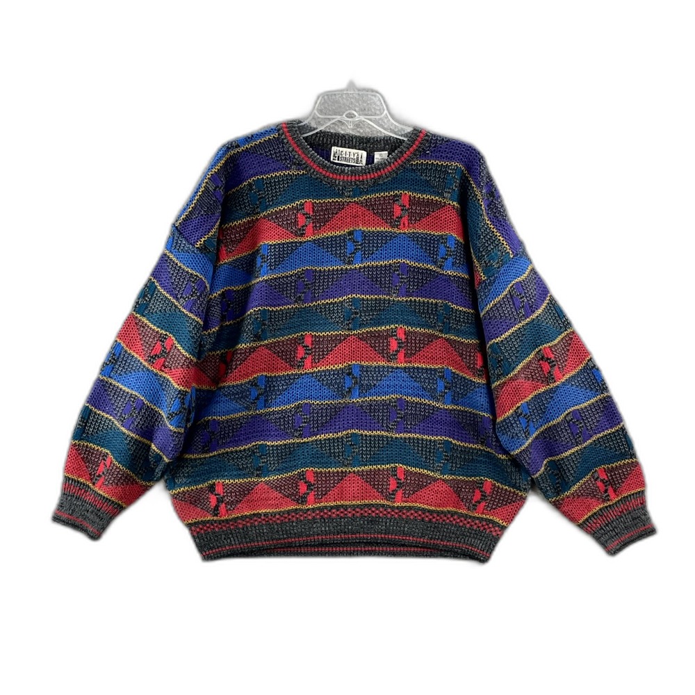 Vintage City Streets Sweater Men XL Multicolor Geometric Oversized Winter Preppy